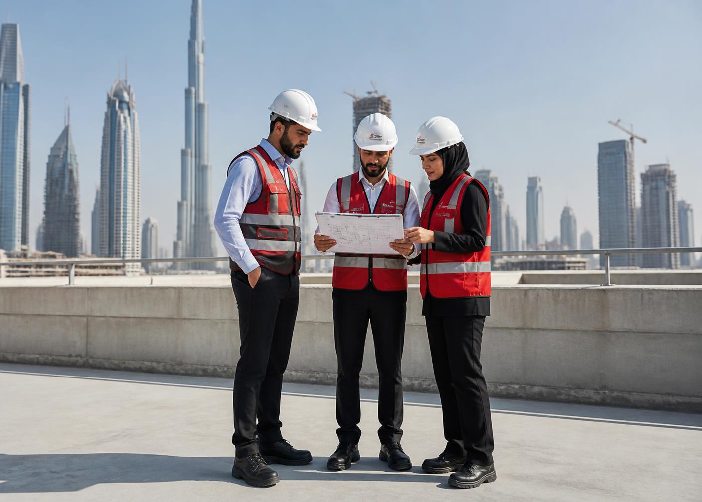 Cunstruct & Coat site engineer reviewing drawings with applicators on site